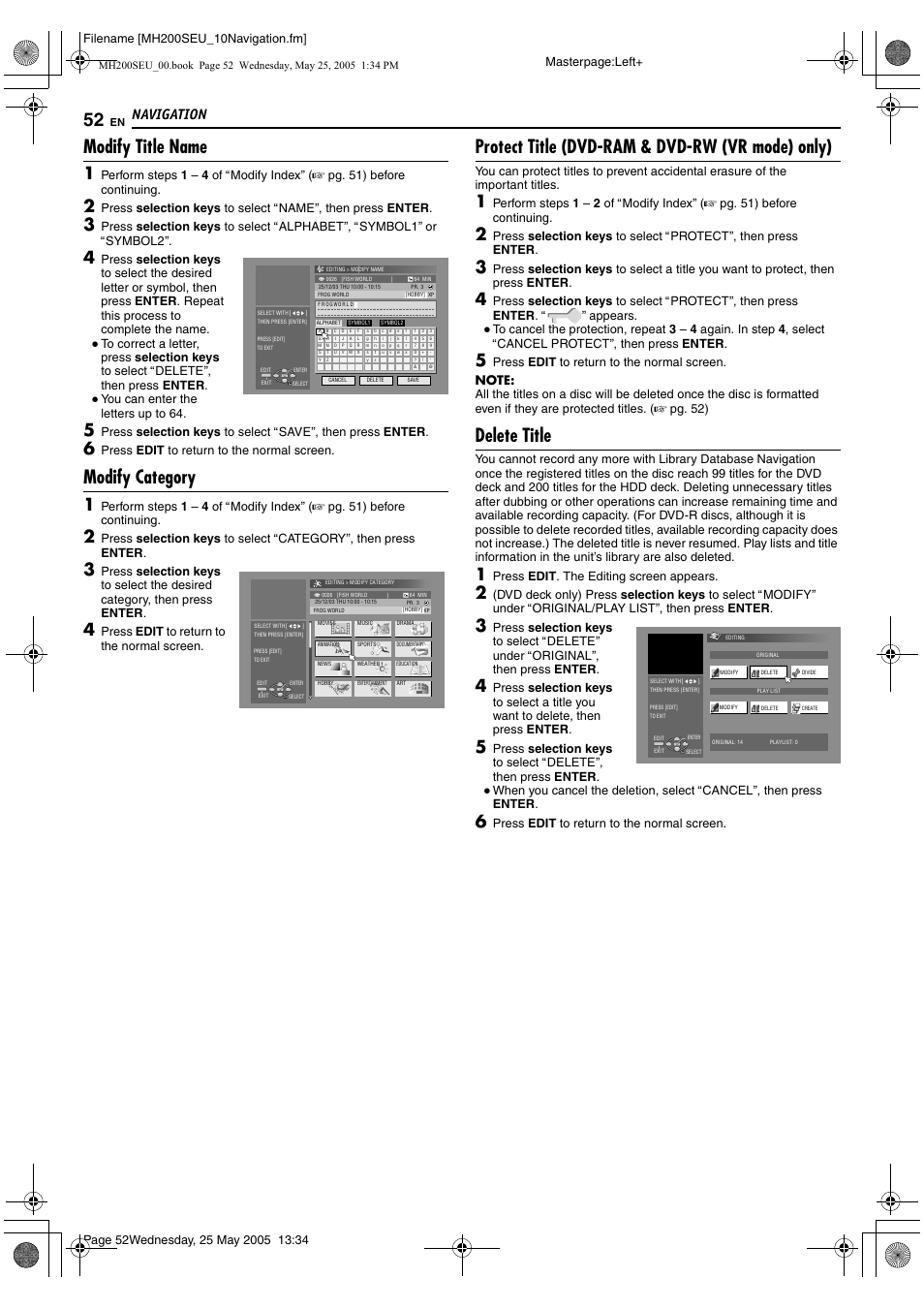 A pg. 52, amodify title nameb), A pg. 52, amodify categoryb), Modify title name | Modify category, Protect title (dvd-ram & dvd-rw (vr mode) only), Delete title, Navigation, You can enter the letters up to 64, Press edit to retur n to the normal screen, Pr ess edit to return to the normal screen | JVC DR-MH200SE User Manual | Page 52 / 92