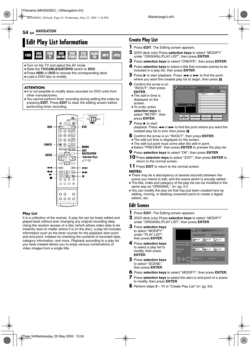 Edit play list information, Create play list, Edit scenes | Navigation | JVC DR-MH200SE User Manual | Page 54 / 92