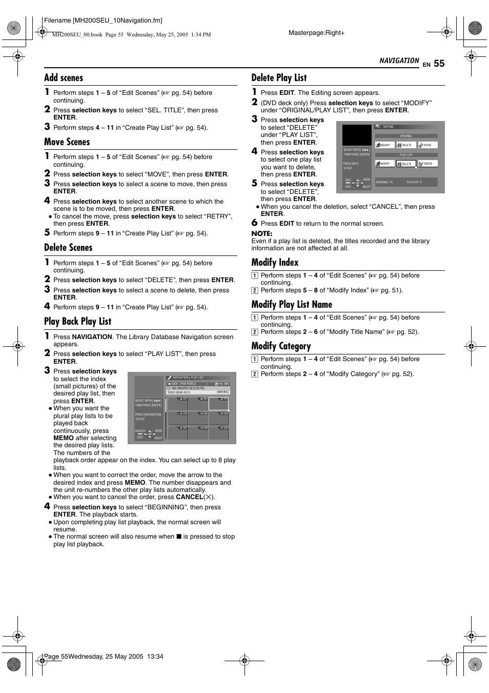 Add scenes, Move scenes, Delete scenes | Play back play list, Delete play list, Modify index, Modify play list name, Modify category, Navigation | JVC DR-MH200SE User Manual | Page 55 / 92