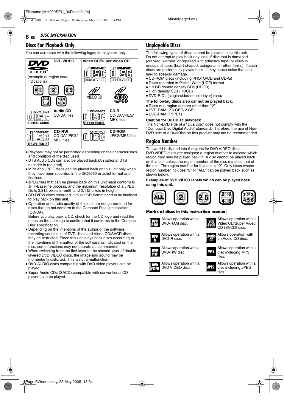 Discs for playback only, Unplayable discs, Region number | JVC DR-MH200SE User Manual | Page 6 / 92