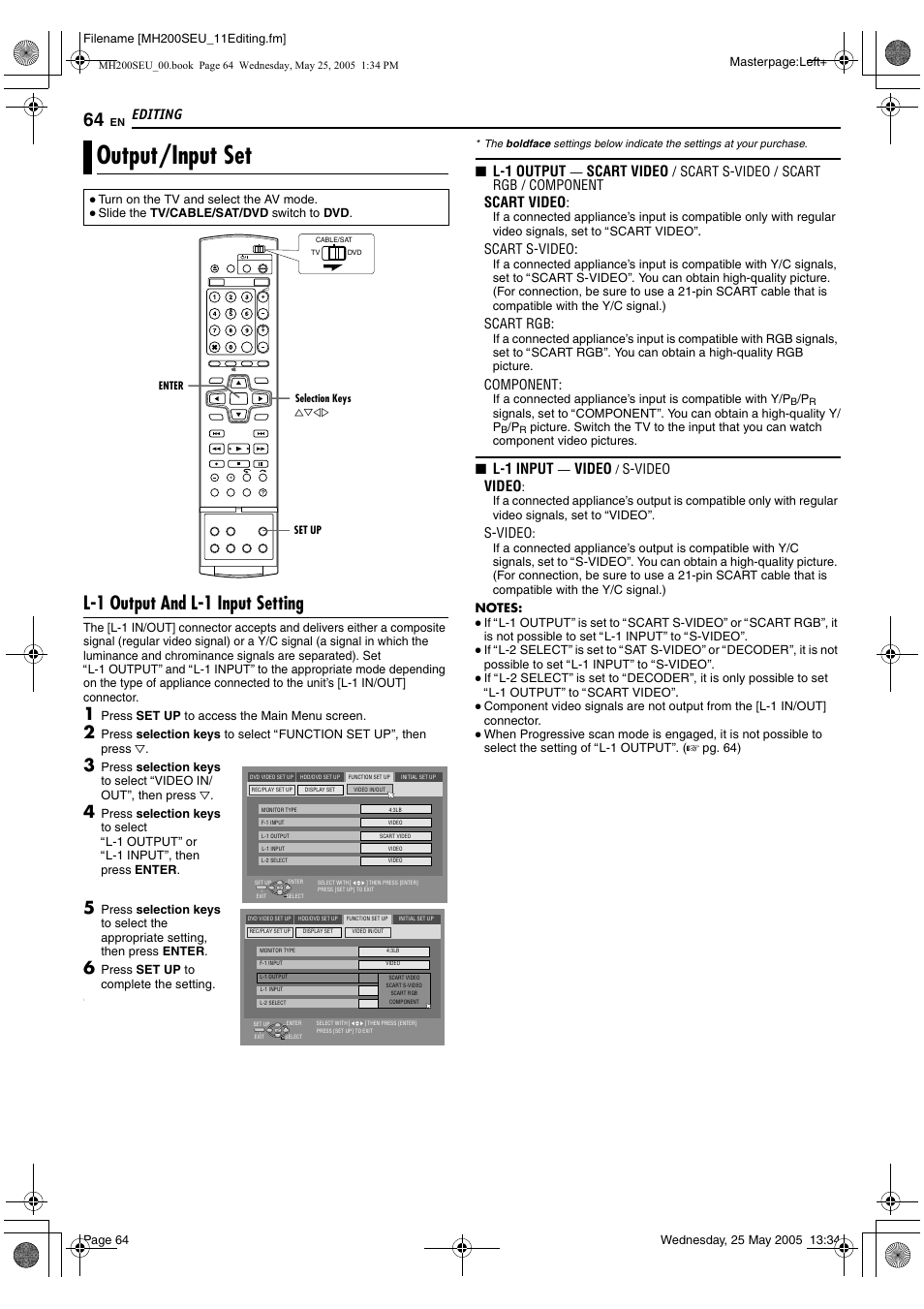 Output/input set, A pg. 64), L-1 output and l-1 input setting | Editing, L-1 output, Scart video, L-1 input, Video, Scart s-video / scart rgb / component, Scart s-video | JVC DR-MH200SE User Manual | Page 64 / 92