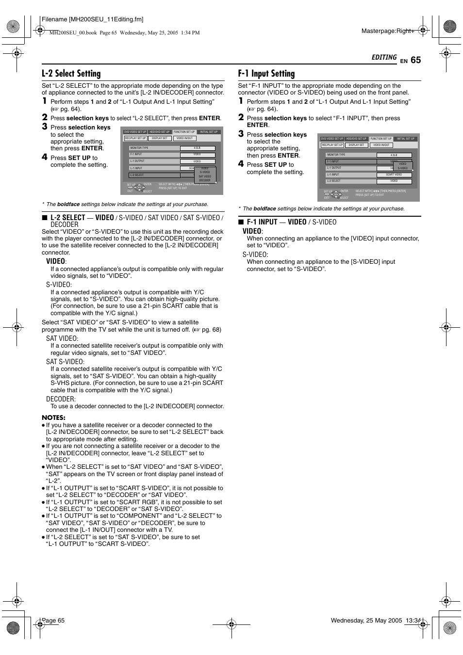 A pg. 65), L-2 select setting, F-1 input setting | Editing, L-2 select, Video, F-1 input, S-video, Sat video, Sat s-video | JVC DR-MH200SE User Manual | Page 65 / 92