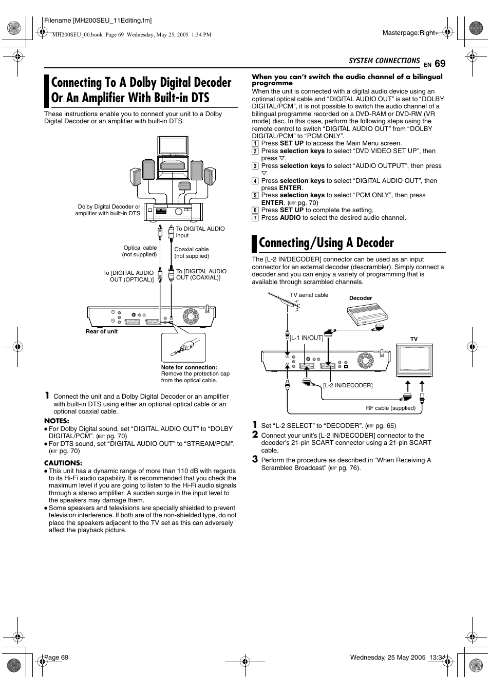 Connecting to a dolby digital decoder or, An amplifier with built-in dts, Connecting/using a decoder | Mode) disc. (a pg. 69) in | JVC DR-MH200SE User Manual | Page 69 / 92