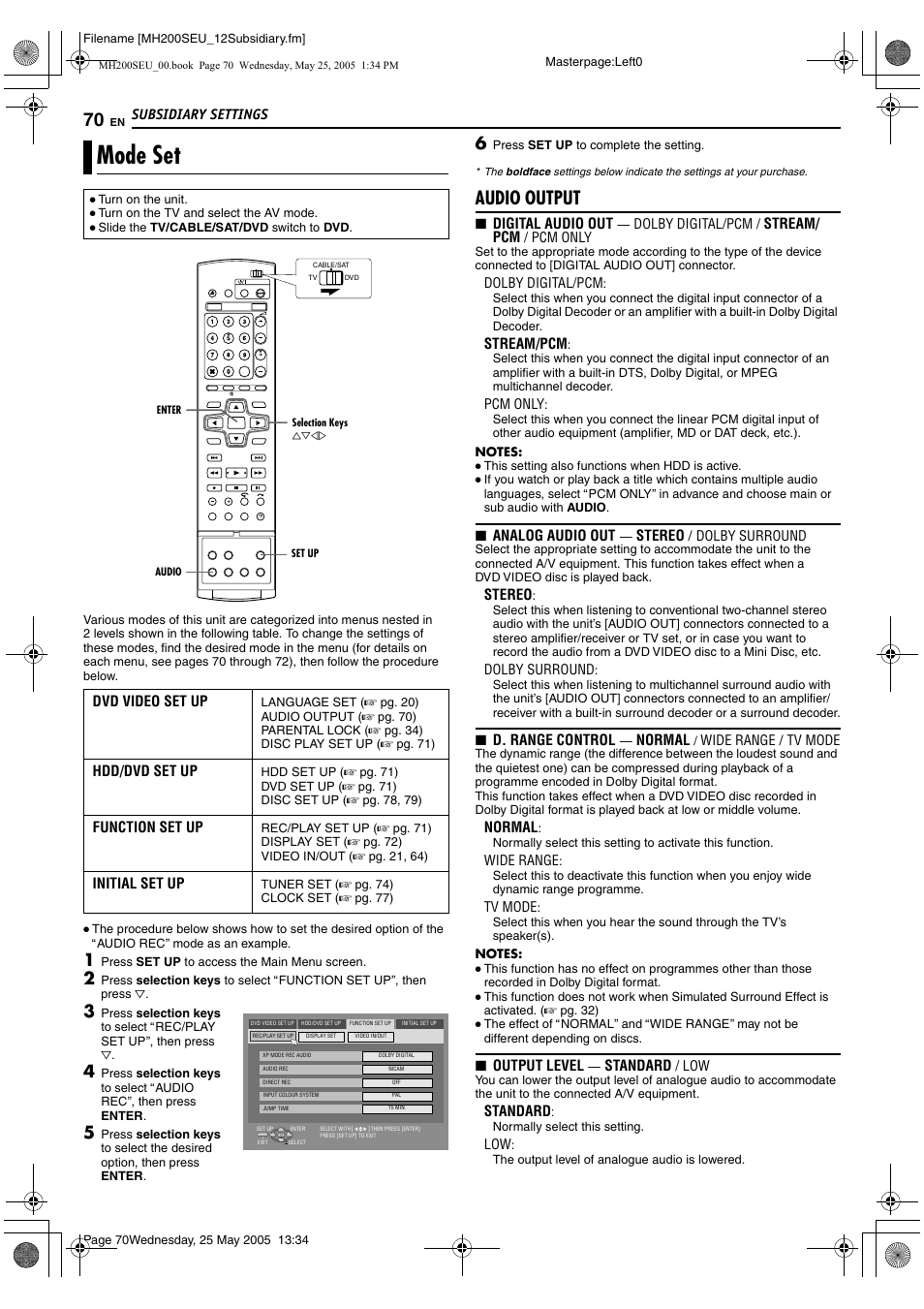 Subsidiary settings, Mode set, A pg. 70) | Audio output | JVC DR-MH200SE User Manual | Page 70 / 92