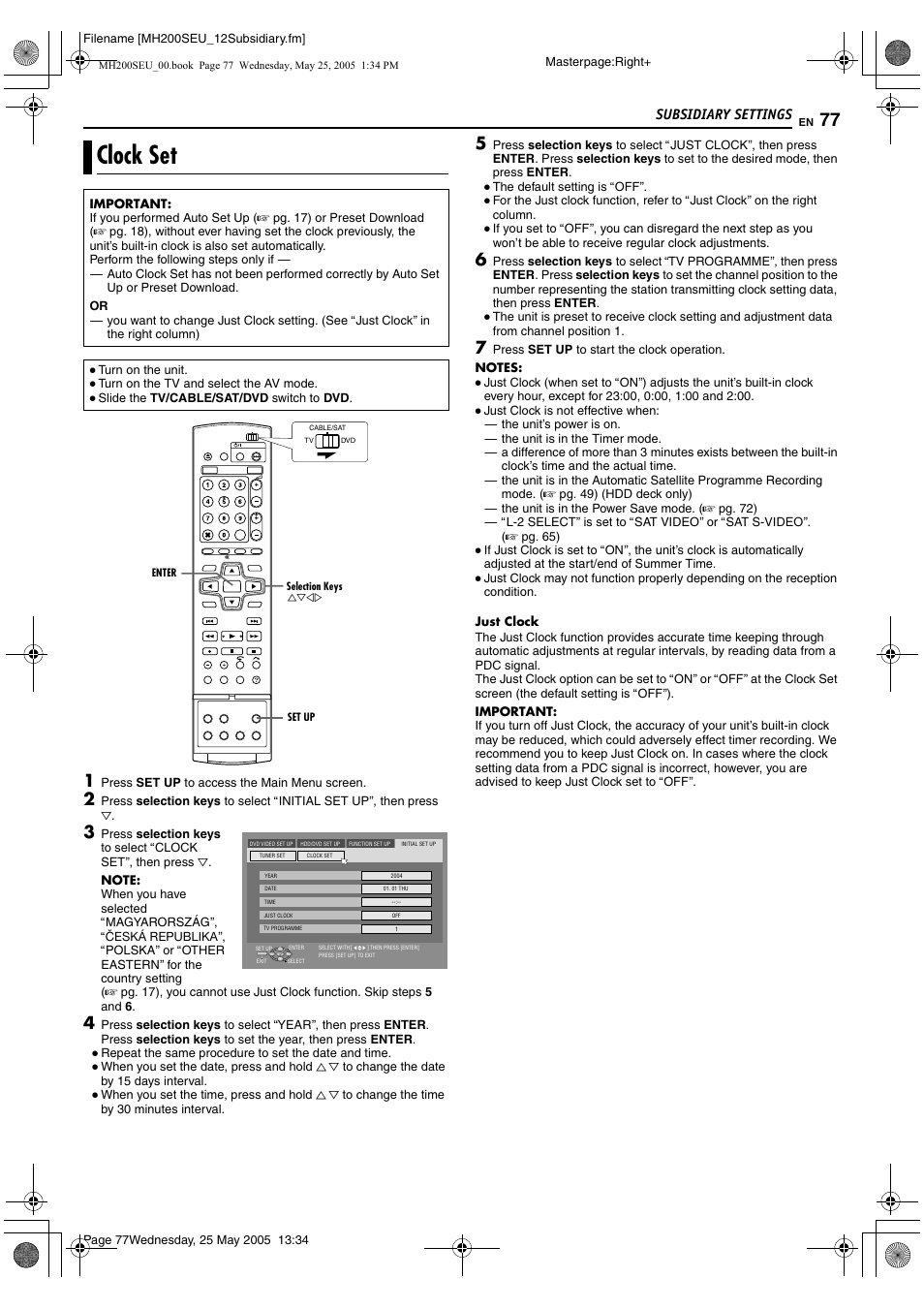 Clock set, A pg. 77), Ually (a pg. 77), then go | K setting (a pg. 77), Aclock setb (a pg. 77), K (a pg. 77) does not, K function (a pg. 77) d, Subsidiary settings | JVC DR-MH200SE User Manual | Page 77 / 92