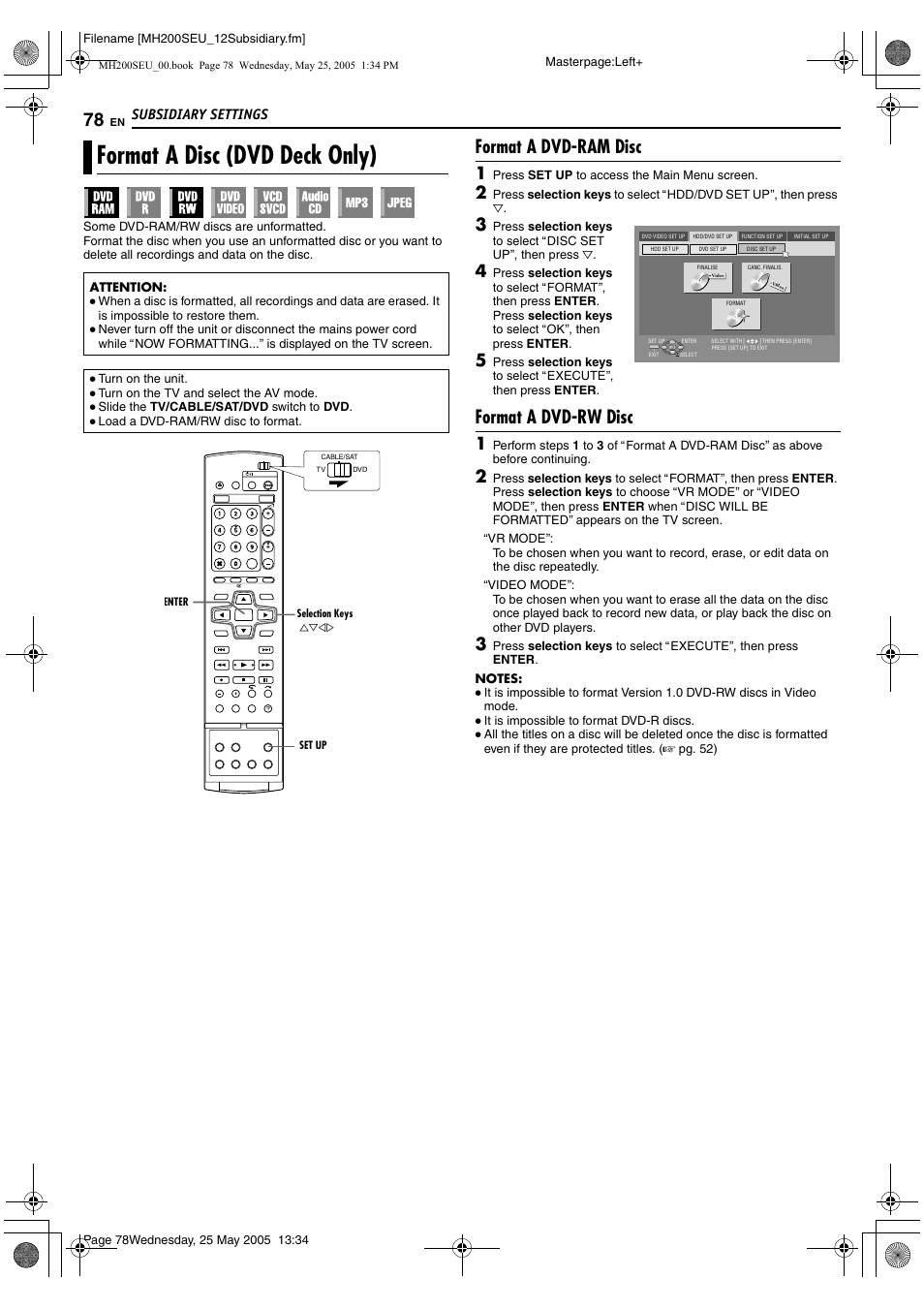 Format a disc (dvd deck only), A pg. 78, A pg. 78) | A pg. 78, 79), Format a dvd-ram disc, Format a dvd-rw disc, Subsidiary settings | JVC DR-MH200SE User Manual | Page 78 / 92