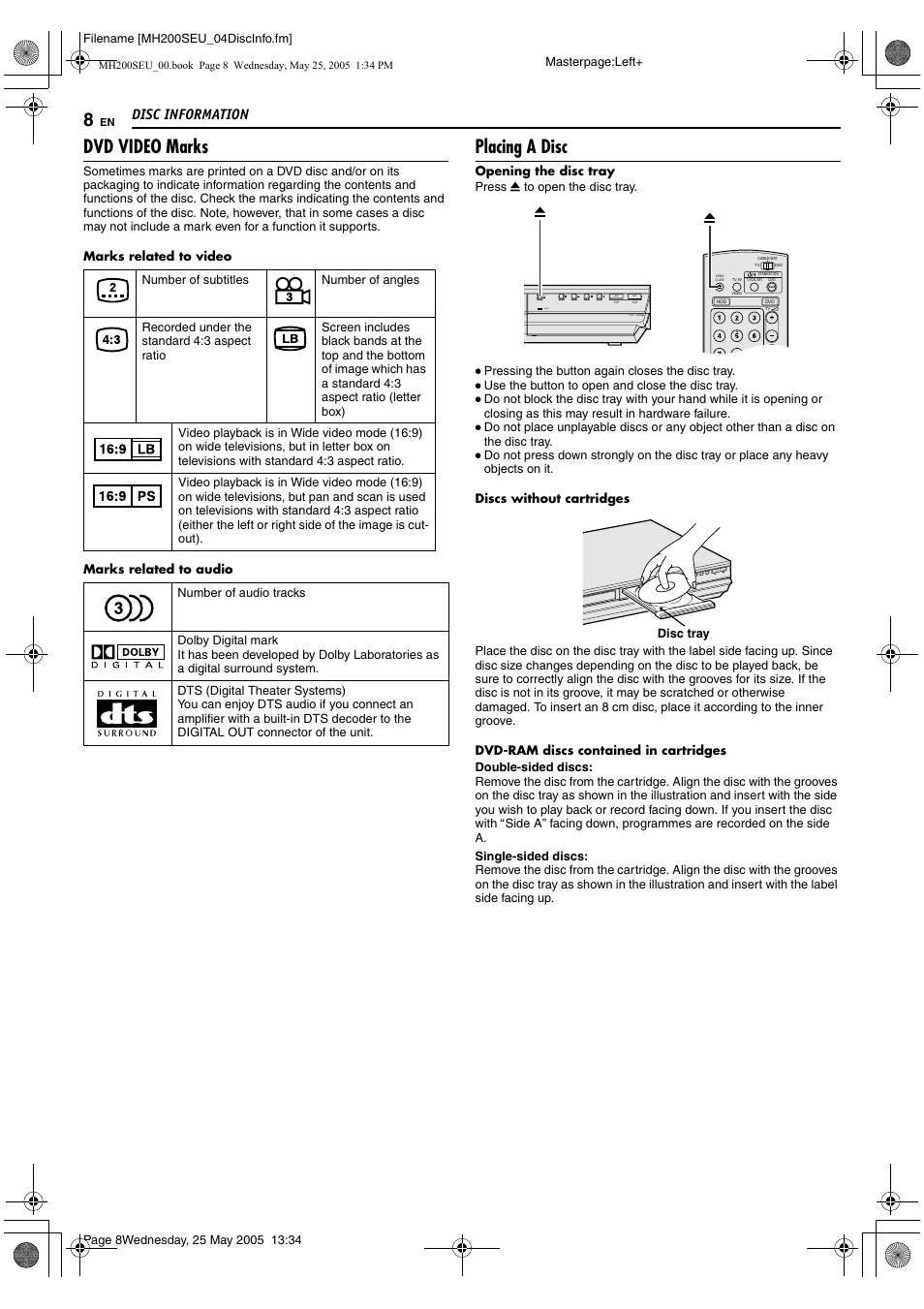Dvd video marks, Placing a disc, Disc information | Video hdd video dvd pull - op en | JVC DR-MH200SE User Manual | Page 8 / 92