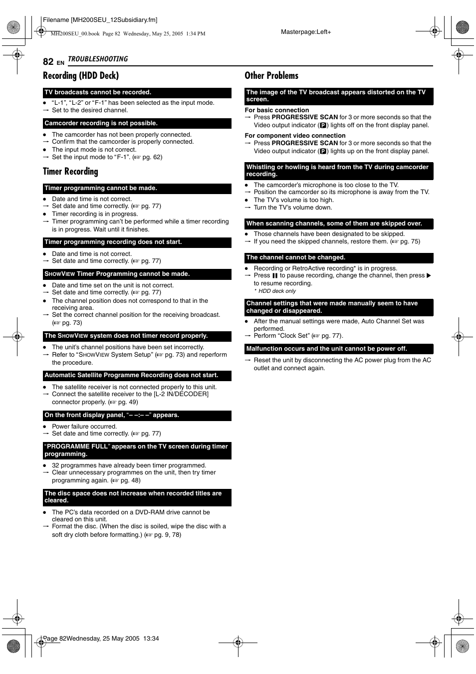 Recording (hdd deck), Timer recording, Other problems | JVC DR-MH200SE User Manual | Page 82 / 92
