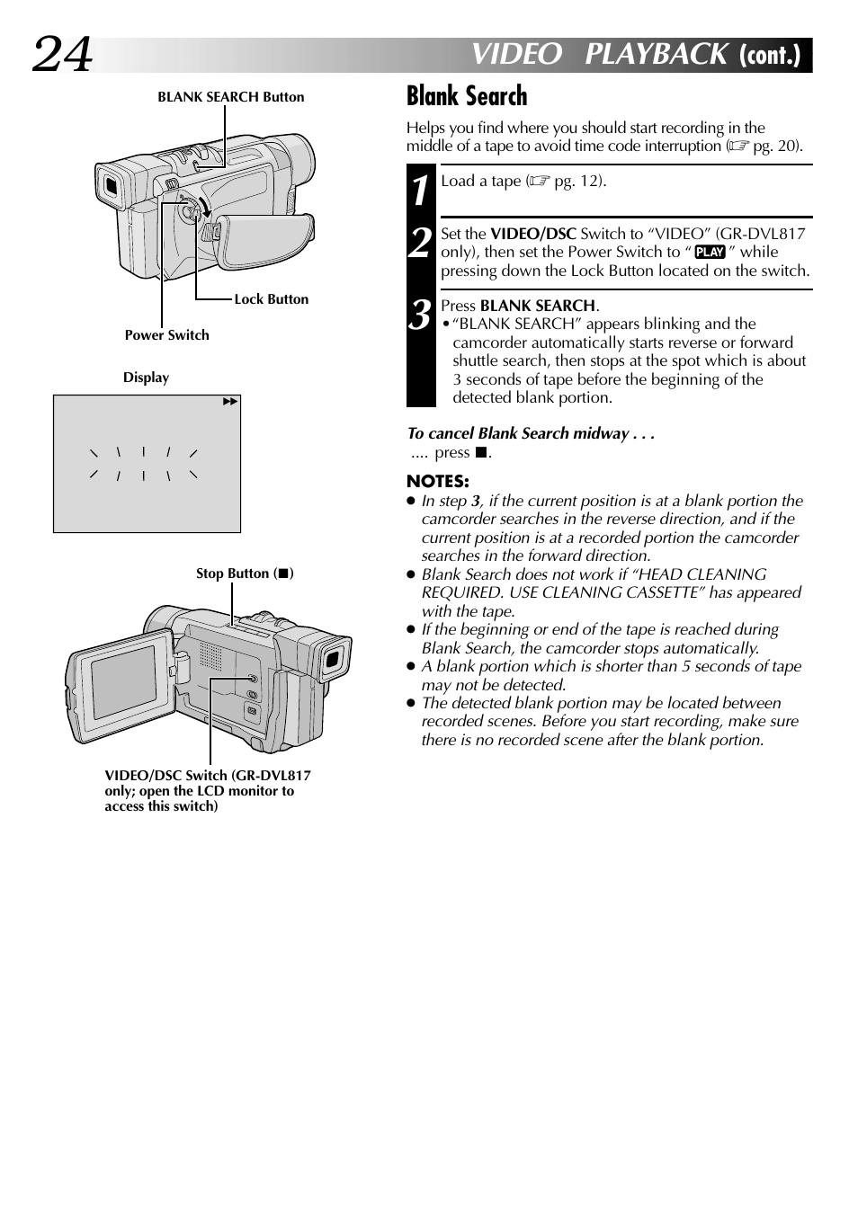 Video playback, Blank search, Cont.) | JVC GR-DVL517 User Manual | Page 24 / 92
