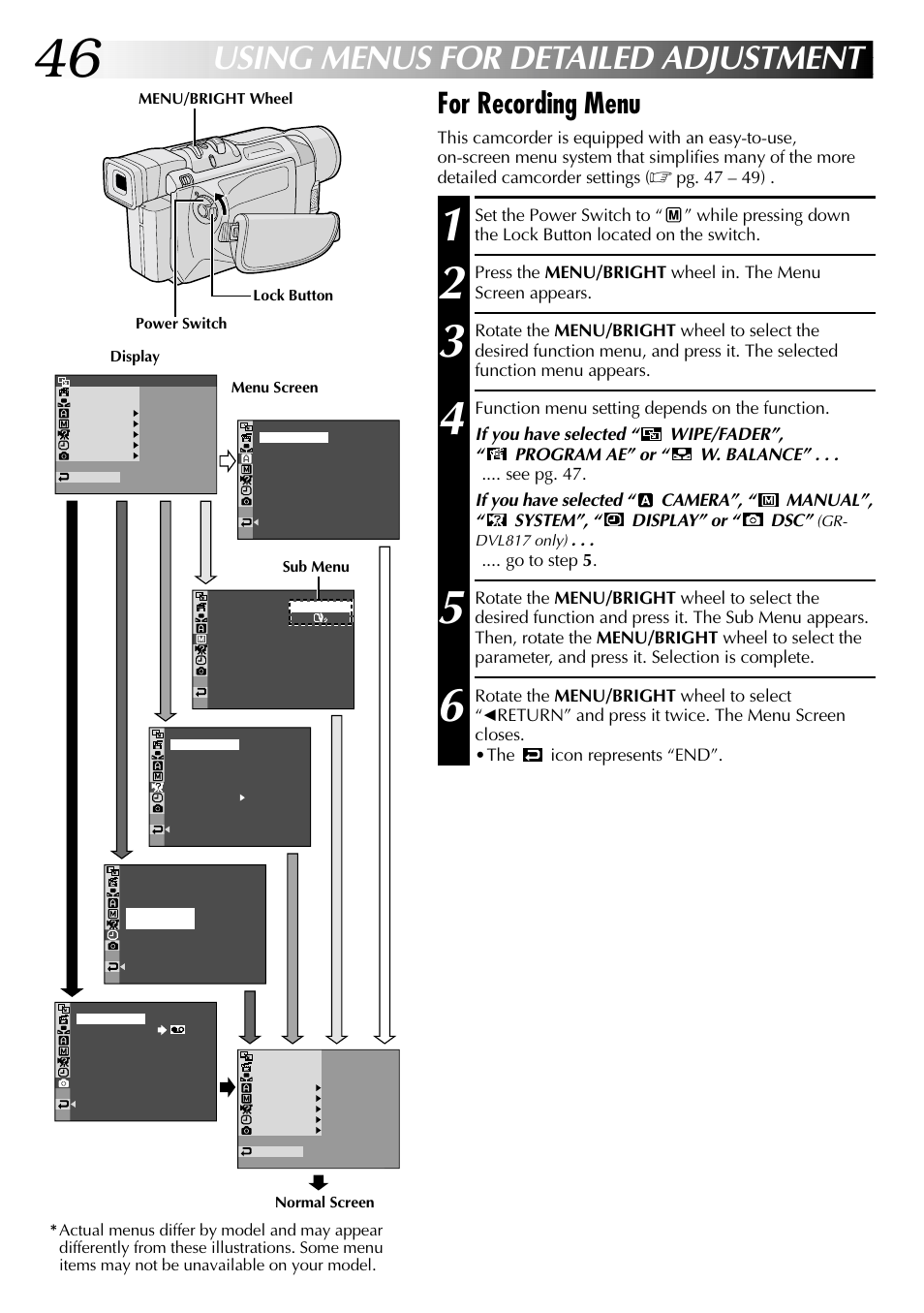 Using menus for detailed adjustment, For recording menu, Pg. 47 – 49) | Go to step 5 | JVC GR-DVL517 User Manual | Page 46 / 92