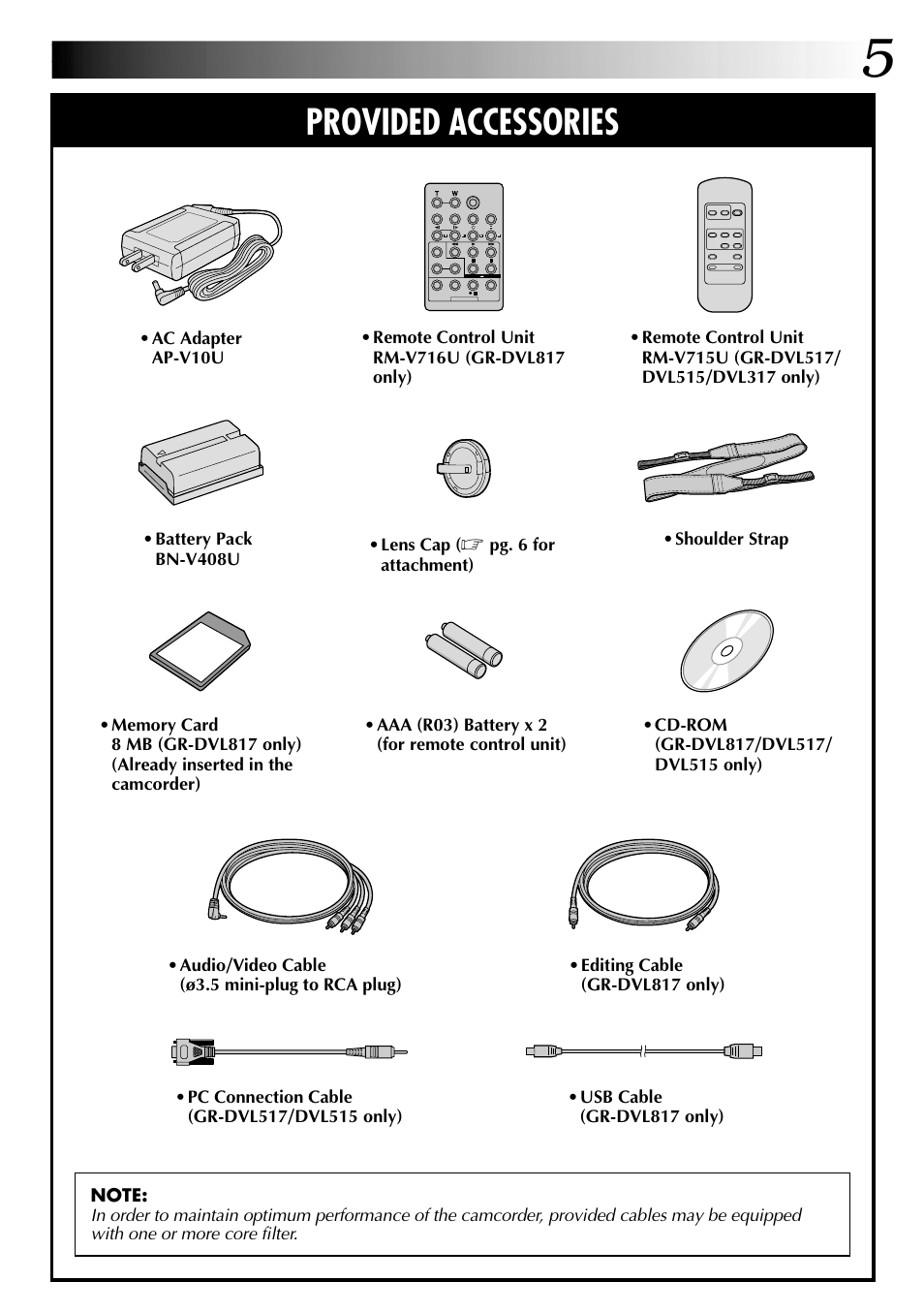 Provided accessories | JVC GR-DVL517 User Manual | Page 5 / 92