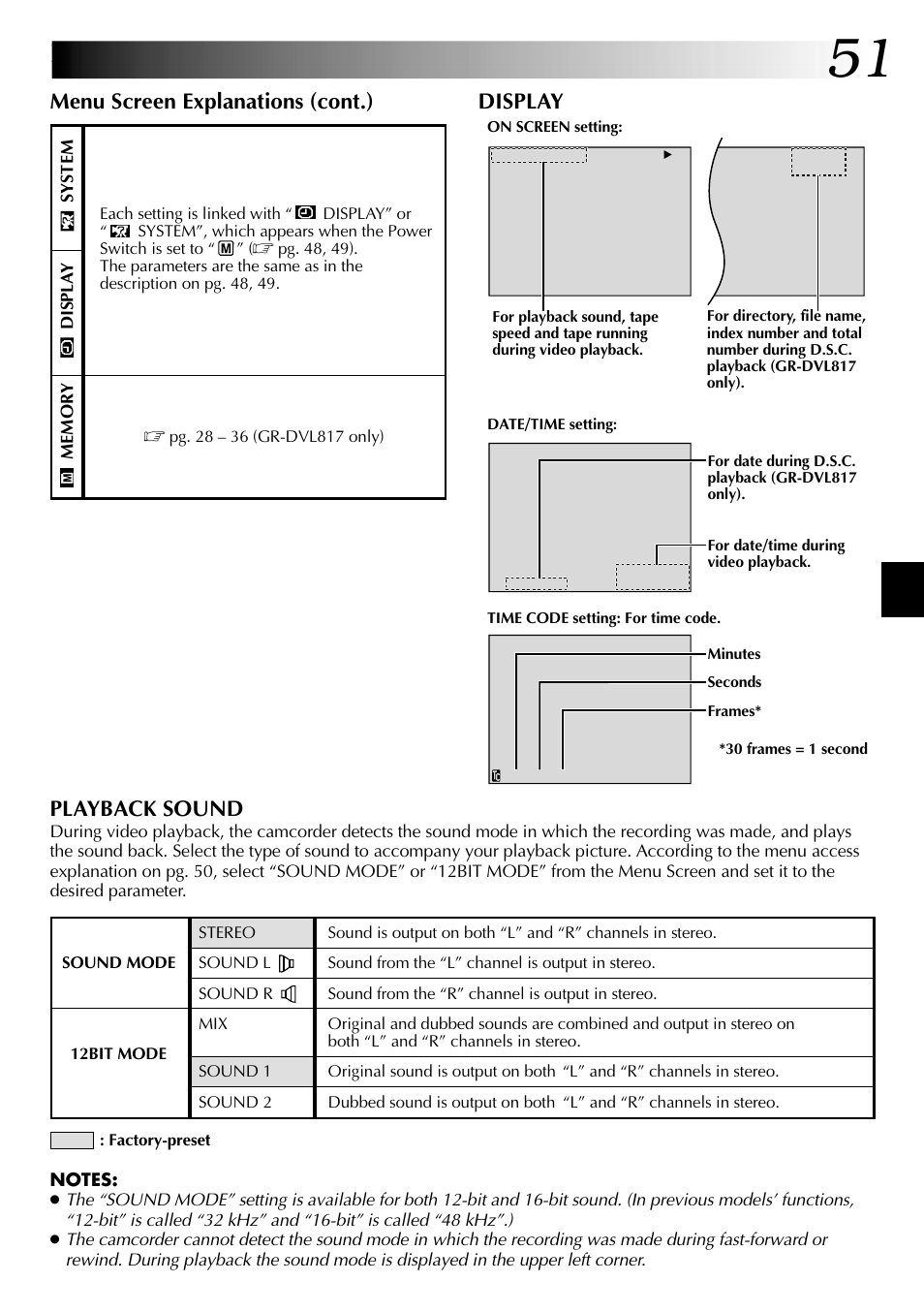 Playback sound, Menu screen explanations (cont.), Display | JVC GR-DVL517 User Manual | Page 51 / 92