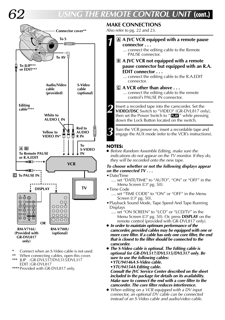 Using the remote control unit, Cont.) | JVC GR-DVL517 User Manual | Page 62 / 92