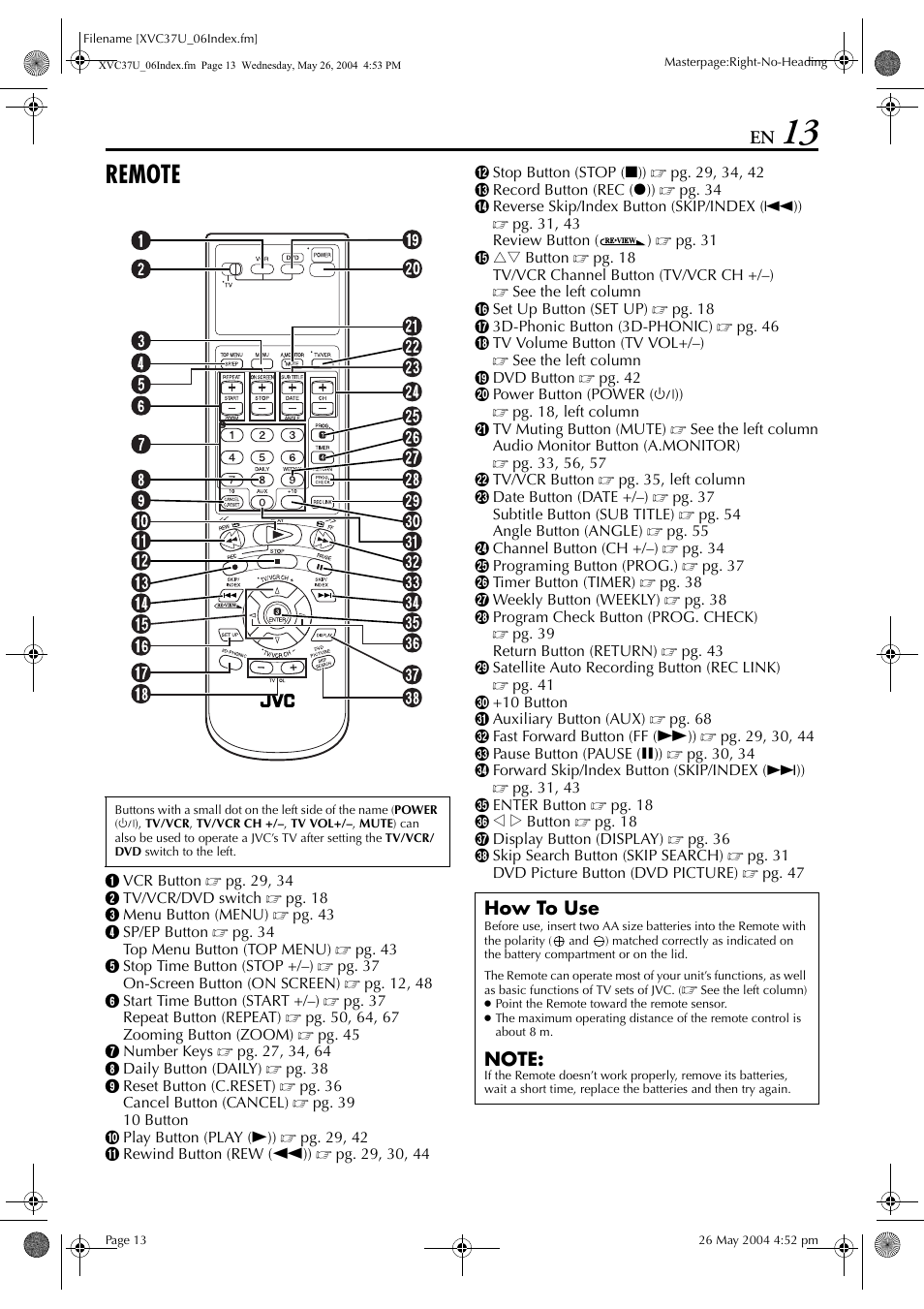 Remote, How to use | JVC HR-XVC37U User Manual | Page 13 / 92