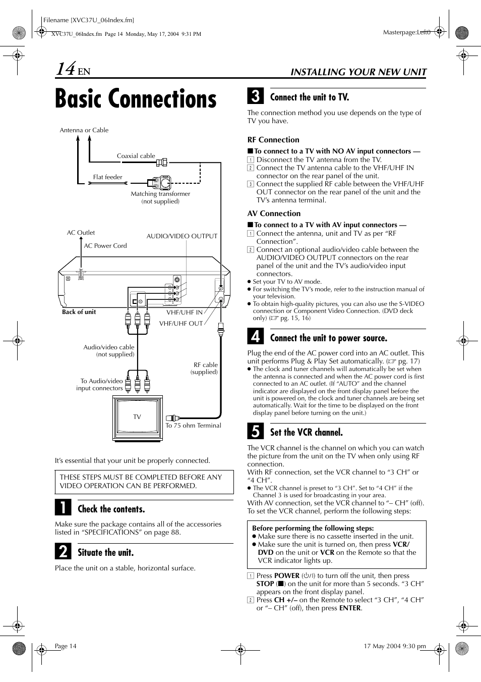 Installing your new unit, Basic connections, Pg. 14 | JVC HR-XVC37U User Manual | Page 14 / 92