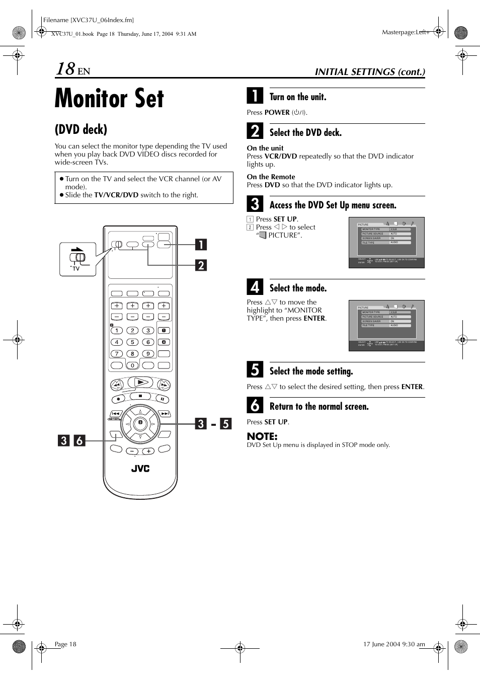 Monitor set (dvd deck), Language, Pg. 18 | Monitor set, Dvd deck), Initial settings (cont.), Turn on the unit, Select the dvd deck, Access the dvd set up menu screen, Select the mode | JVC HR-XVC37U User Manual | Page 18 / 92