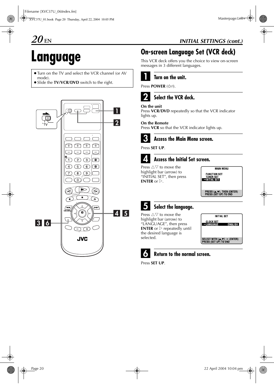 Language, On-screen language set (vcr deck), Clock set | JVC HR-XVC37U User Manual | Page 20 / 92