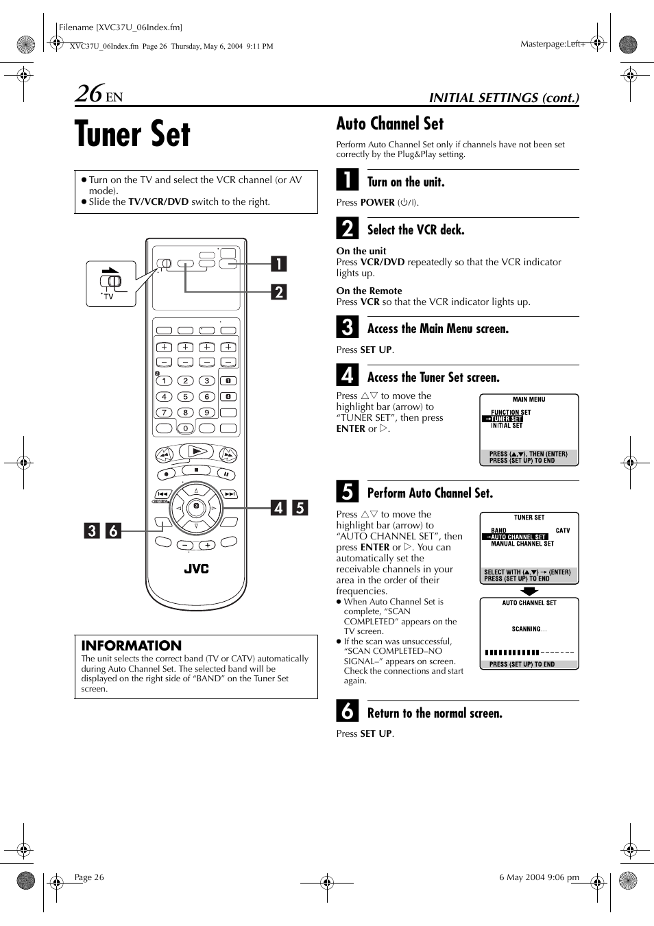 Tuner set, Auto channel set, Pg. 26). if, ho | D “auto channel set, Pg. 26) or “manual chan | JVC HR-XVC37U User Manual | Page 26 / 92