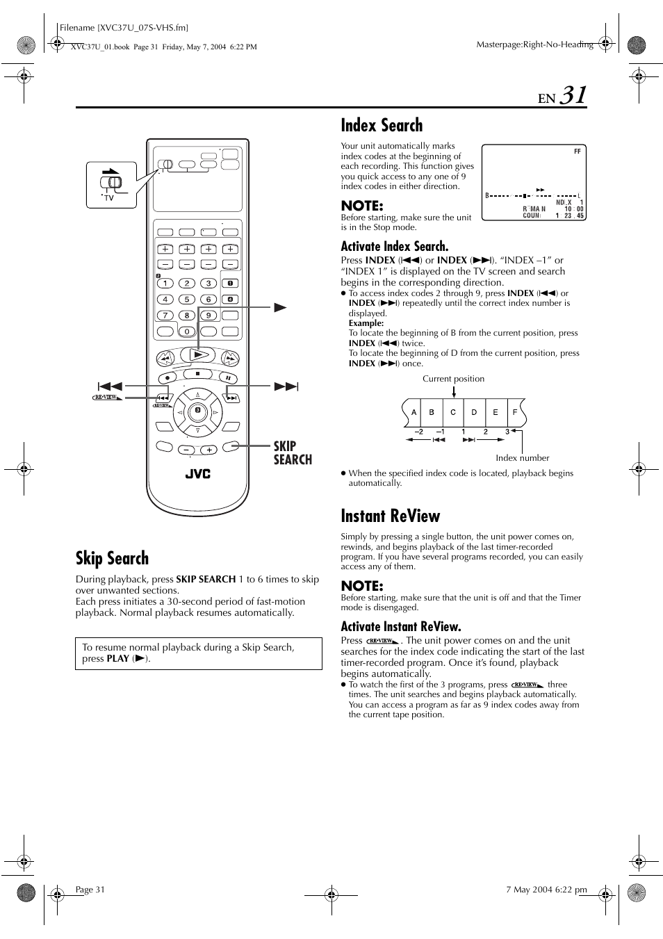 Skip search, Index search, Instant review | JVC HR-XVC37U User Manual | Page 31 / 92