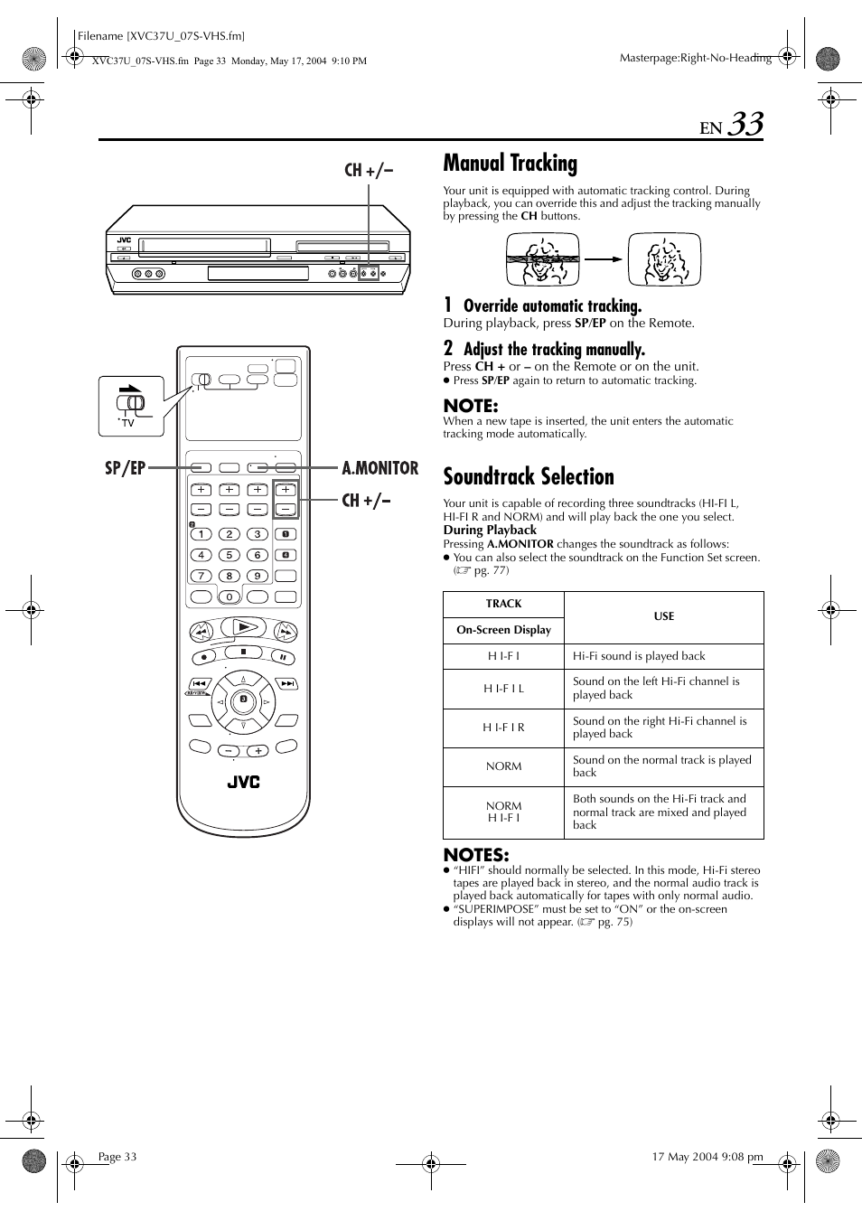 Manual tracking, Soundtrack selection, Override automatic tracking | Adjust the tracking manually | JVC HR-XVC37U User Manual | Page 33 / 92