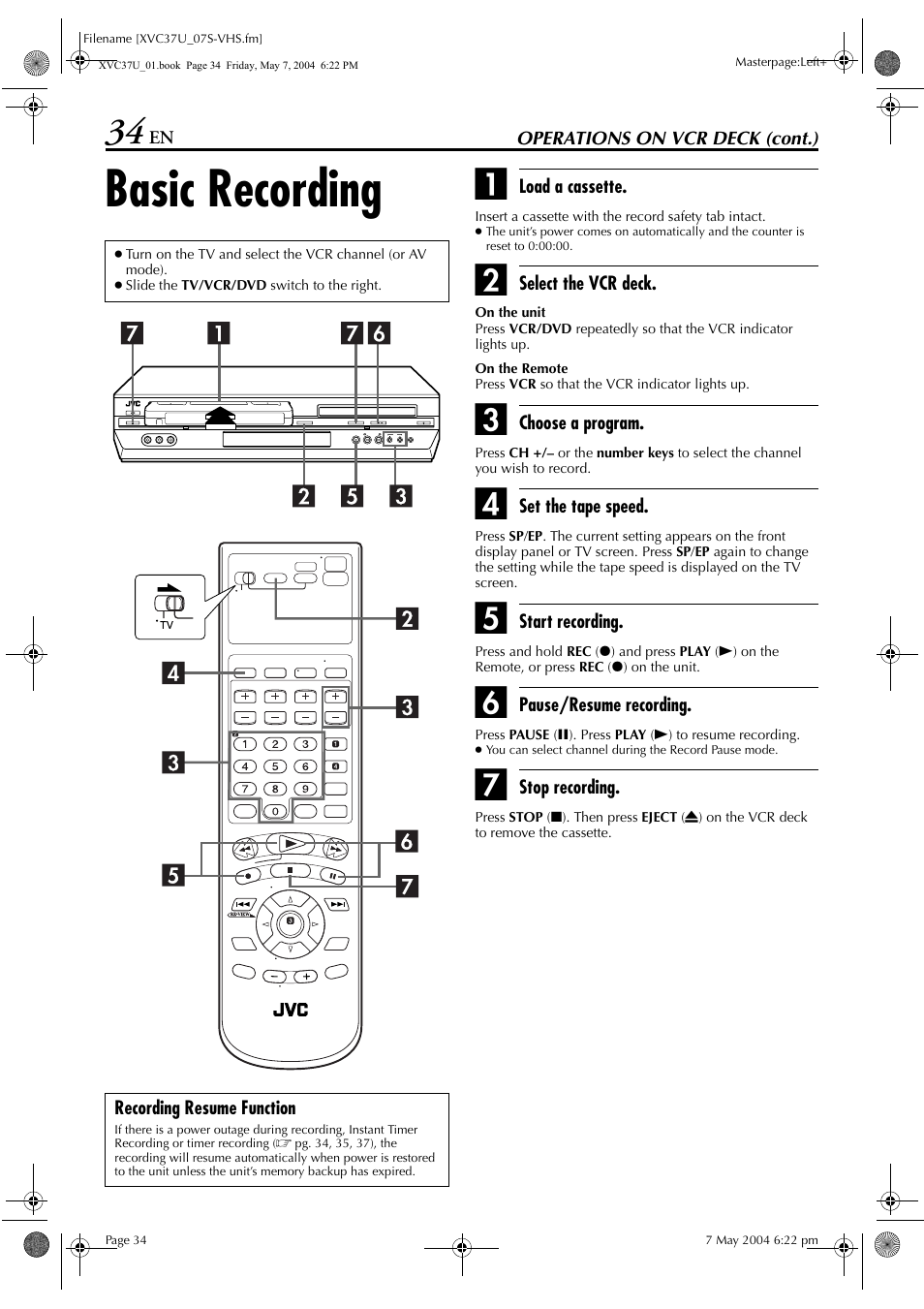 Basic recording | JVC HR-XVC37U User Manual | Page 34 / 92