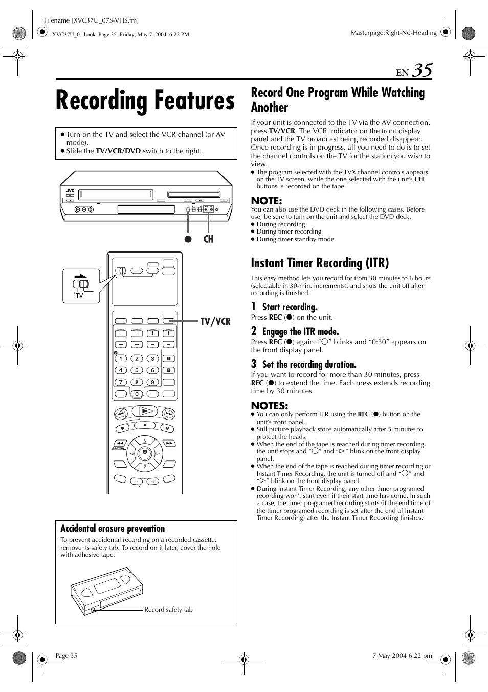 Recording features, Record one program while watching another, Instant timer recording (itr) | JVC HR-XVC37U User Manual | Page 35 / 92