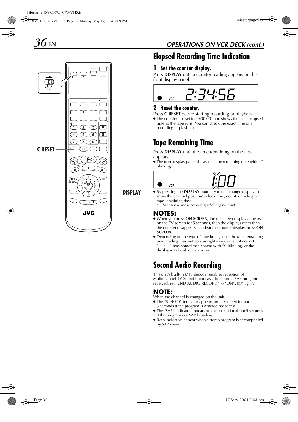 Elapsed recording time indication, Tape remaining time, Second audio recording | Operations on vcr deck (cont.), Set the counter display, Reset the counter | JVC HR-XVC37U User Manual | Page 36 / 92