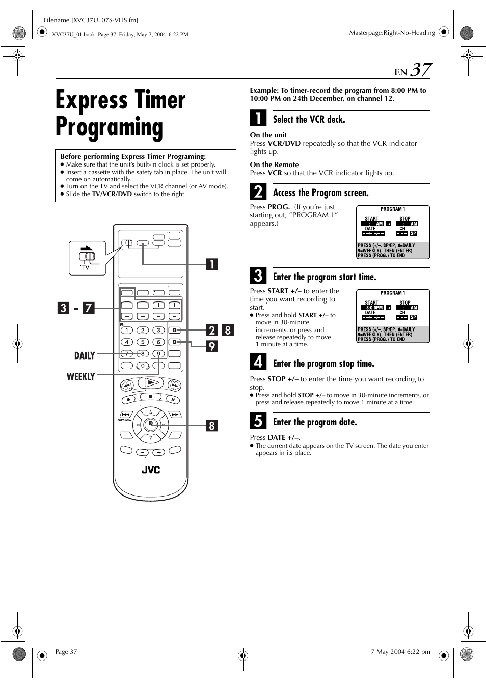 Express timer programing | JVC HR-XVC37U User Manual | Page 37 / 92