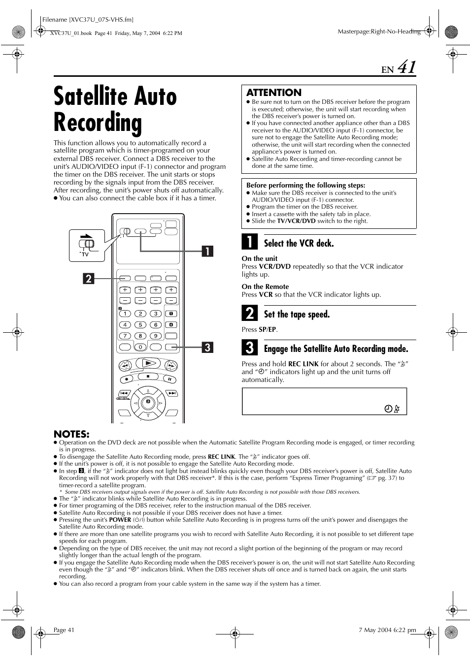 Satellite auto recording | JVC HR-XVC37U User Manual | Page 41 / 92