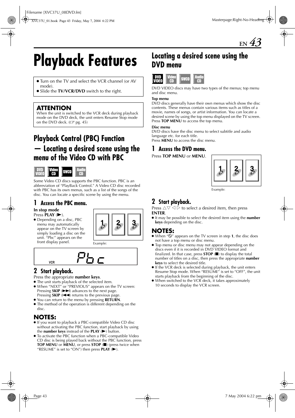 Playback features, Locating a desired scene using the dvd menu, Access the pbc menu | Start playback, Access the dvd menu, Attention | JVC HR-XVC37U User Manual | Page 43 / 92