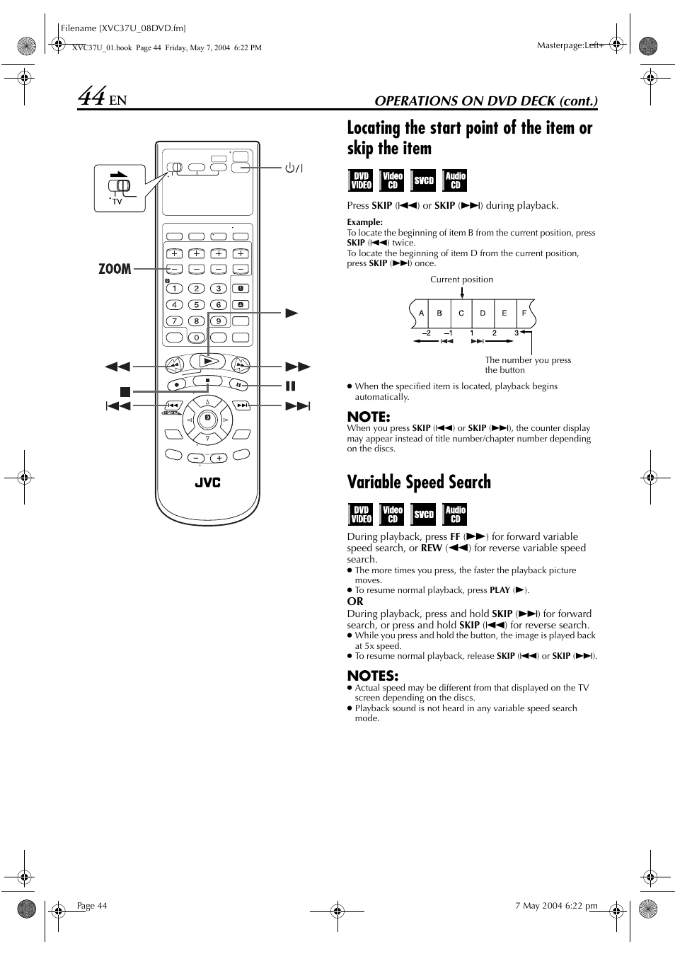 Variable speed search, Operations on dvd deck (cont.) | JVC HR-XVC37U User Manual | Page 44 / 92