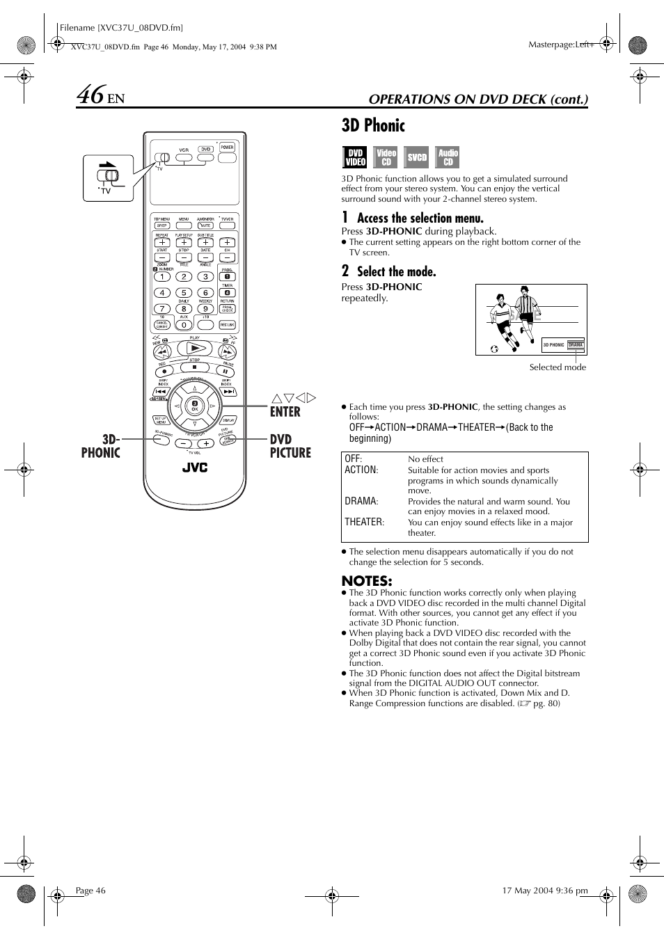 3d phonic, Operations on dvd deck (cont.), Access the selection menu | Select the mode | JVC HR-XVC37U User Manual | Page 46 / 92