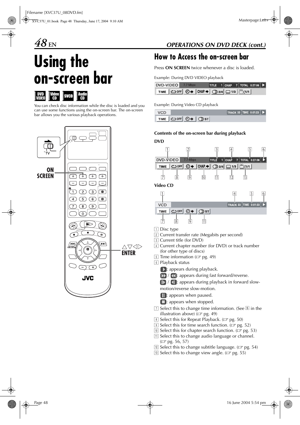 Using the on-screen bar, How to access the on-screen bar | JVC HR-XVC37U User Manual | Page 48 / 92