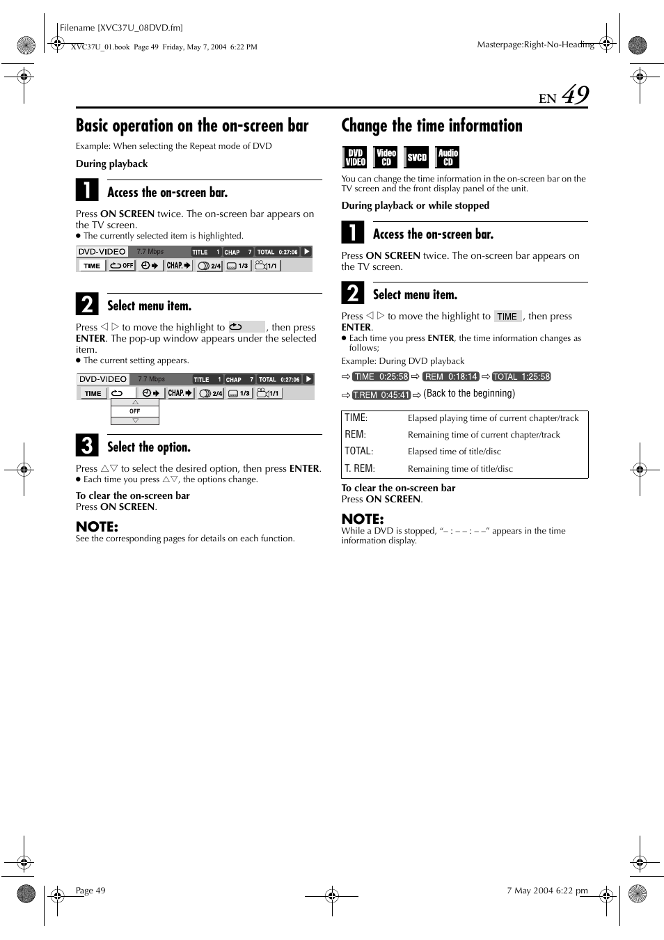 Basic operation on the on-screen bar, Change the time information | JVC HR-XVC37U User Manual | Page 49 / 92