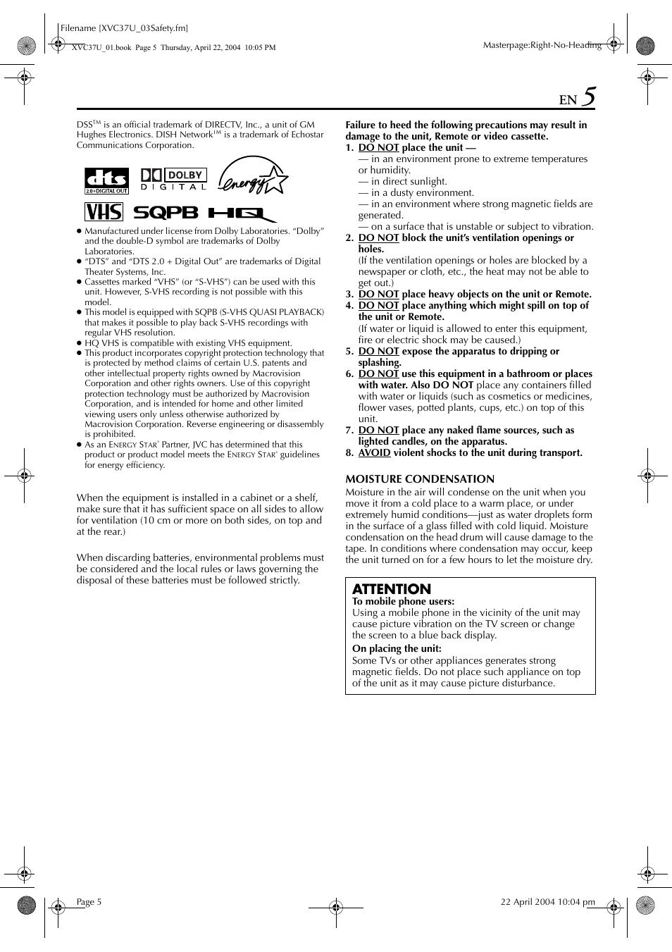 Attention | JVC HR-XVC37U User Manual | Page 5 / 92