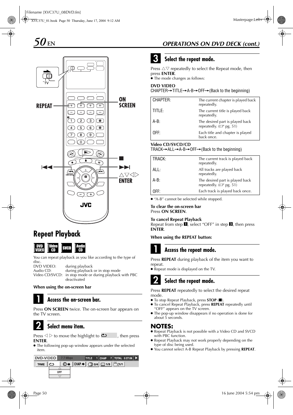 Repeat playback | JVC HR-XVC37U User Manual | Page 50 / 92