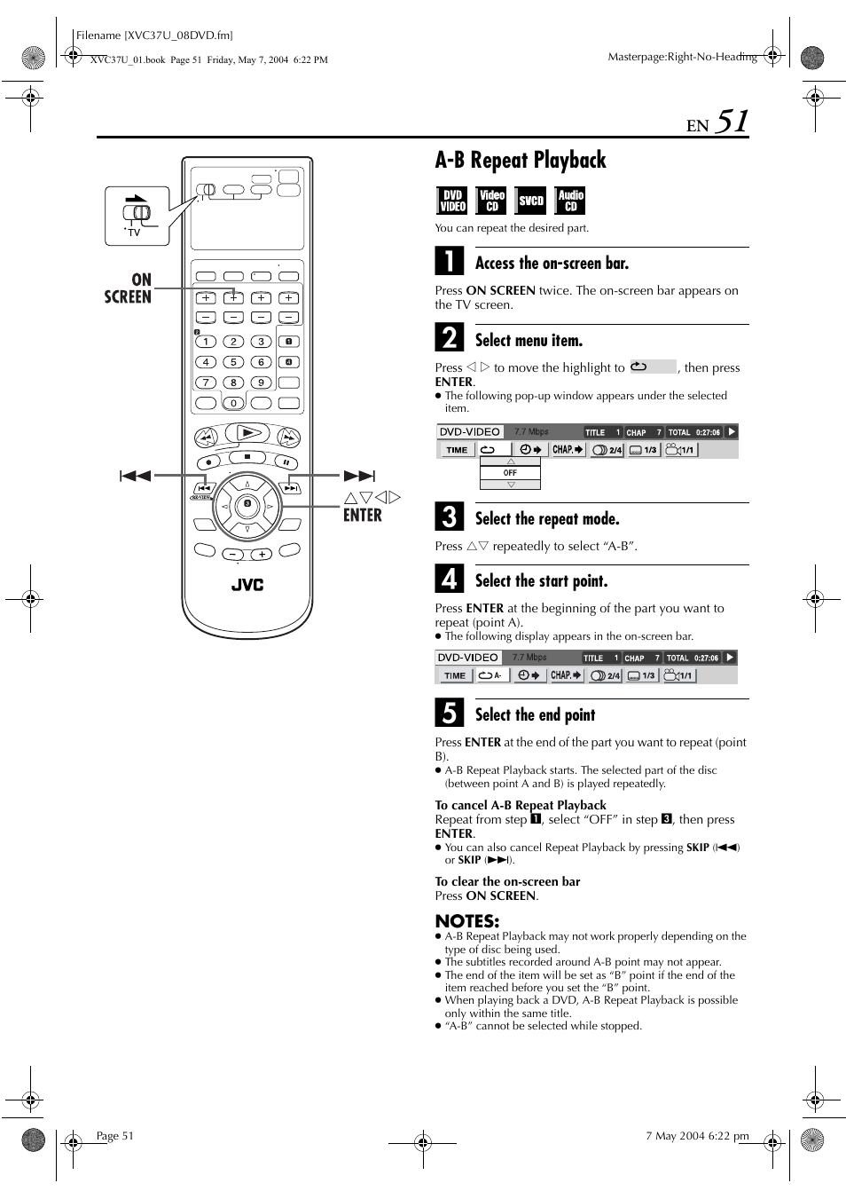 A-b repeat playback | JVC HR-XVC37U User Manual | Page 51 / 92