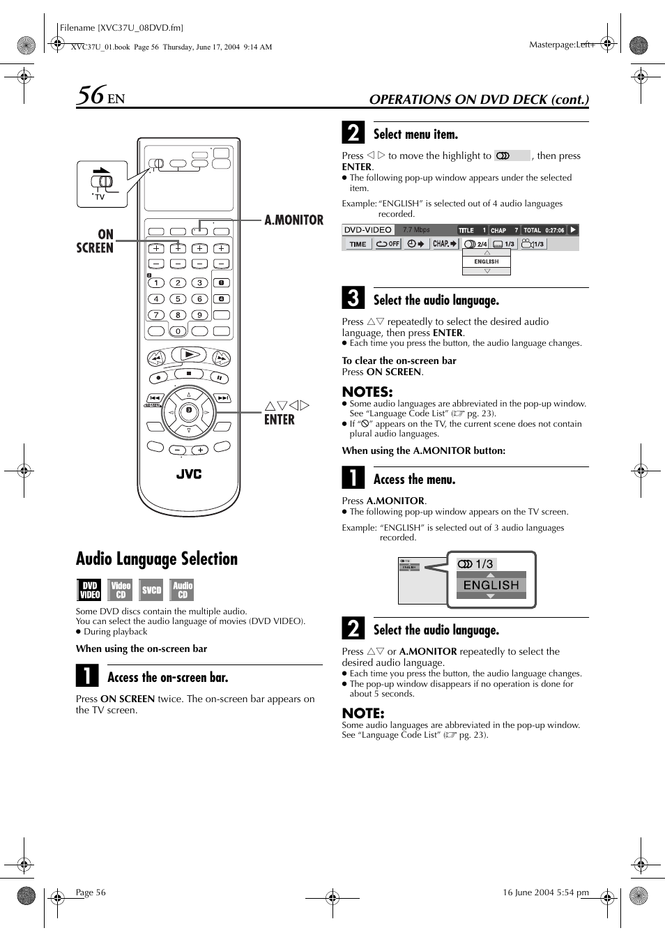 Audio language selection | JVC HR-XVC37U User Manual | Page 56 / 92