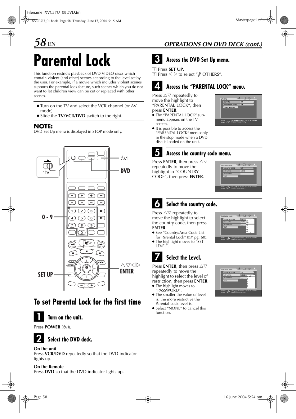 Parental lock, Operations on dvd deck (cont.), Turn on the unit | Select the dvd deck, Access the dvd set up menu, Access the “parental lock“ menu, Access the country code menu, Select the country code, Select the level | JVC HR-XVC37U User Manual | Page 58 / 92