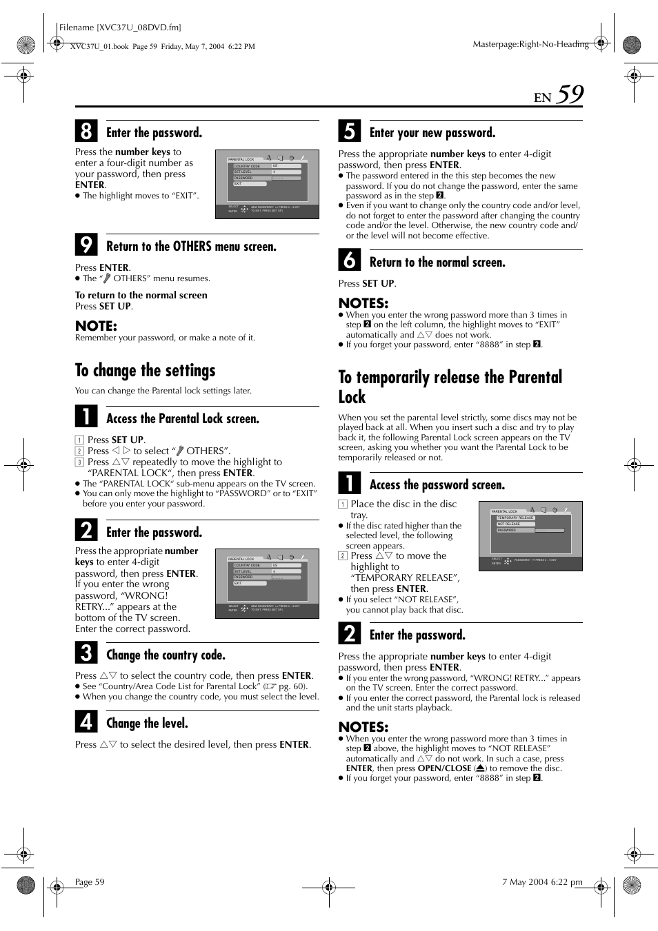 Enter the password, Return to the others menu screen, Access the parental lock screen | Change the country code, Change the level, Enter your new password, Return to the normal screen, Access the password screen | JVC HR-XVC37U User Manual | Page 59 / 92