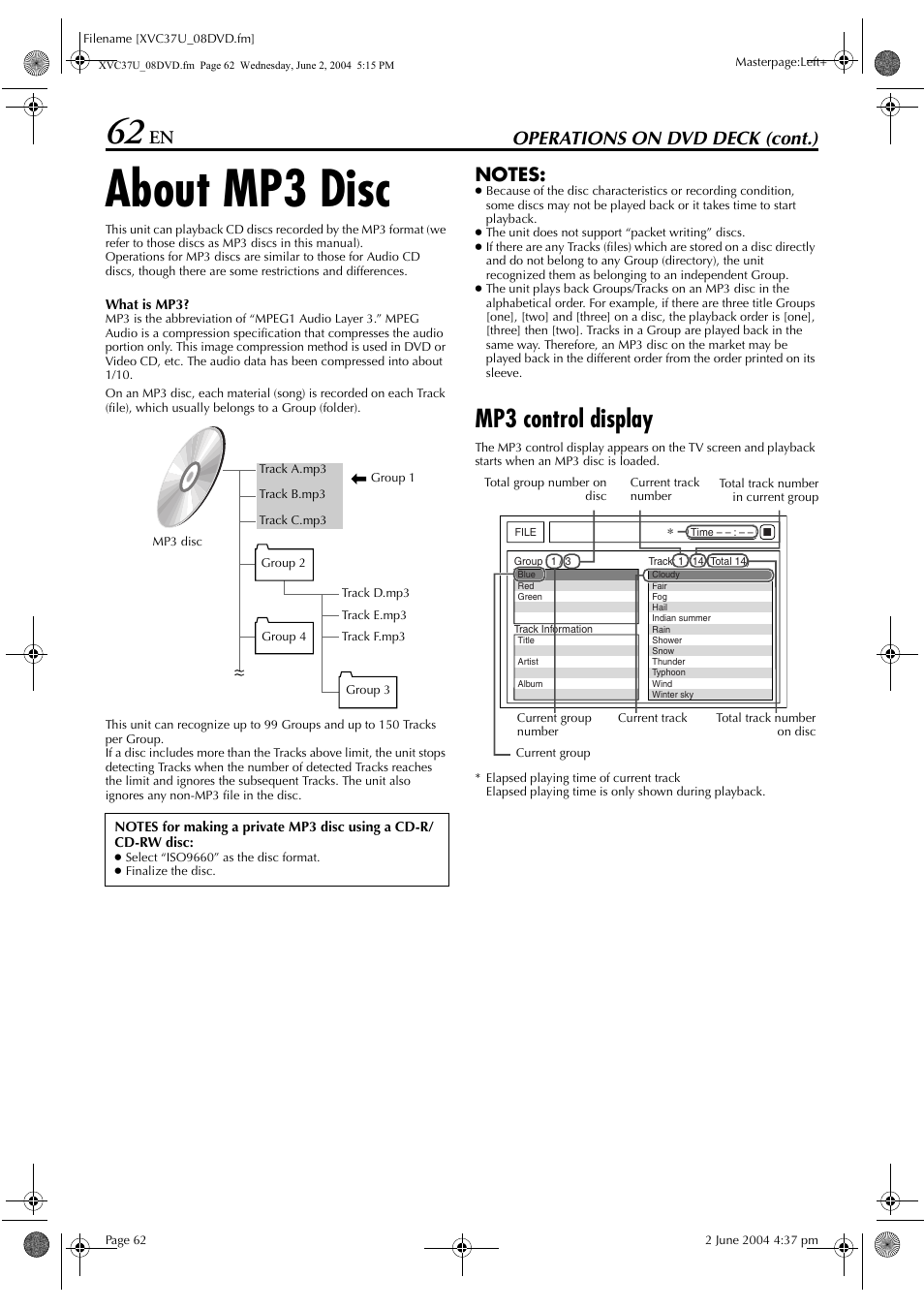 About mp3 disc, Mp3 control display, Operations on dvd deck (cont.) | JVC HR-XVC37U User Manual | Page 62 / 92