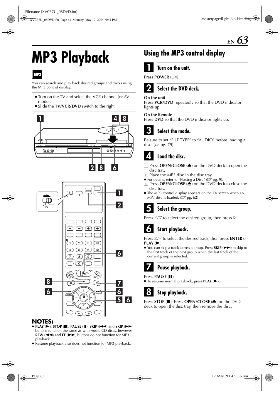 Mp3 playback, Using the mp3 control display | JVC HR-XVC37U User Manual | Page 63 / 92