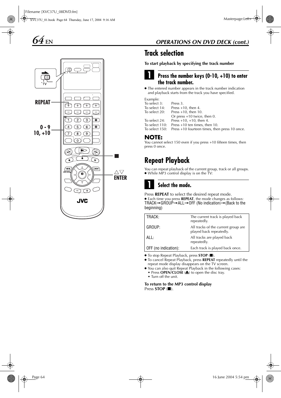 Track selection, Repeat playback, Operations on dvd deck (cont.) | Select the mode | JVC HR-XVC37U User Manual | Page 64 / 92