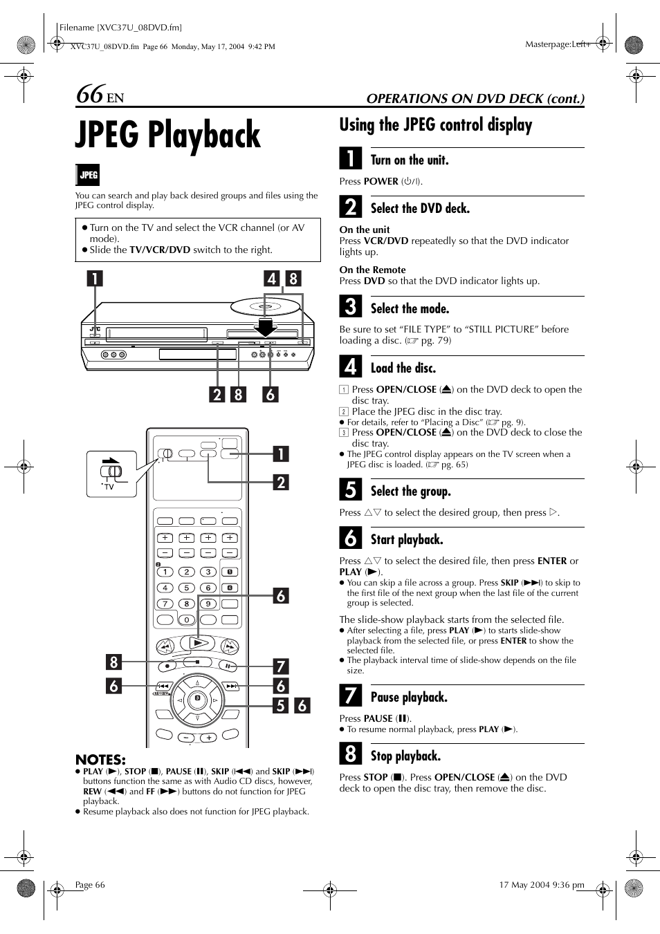 Jpeg playback, Using the jpeg control display | JVC HR-XVC37U User Manual | Page 66 / 92