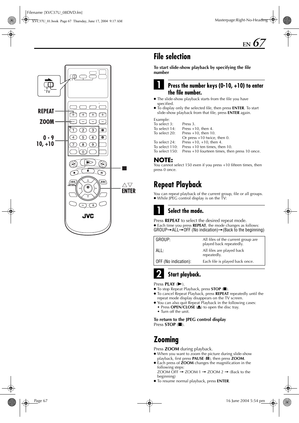 File selection, Repeat playback, Zooming | Select the mode, Start playback | JVC HR-XVC37U User Manual | Page 67 / 92