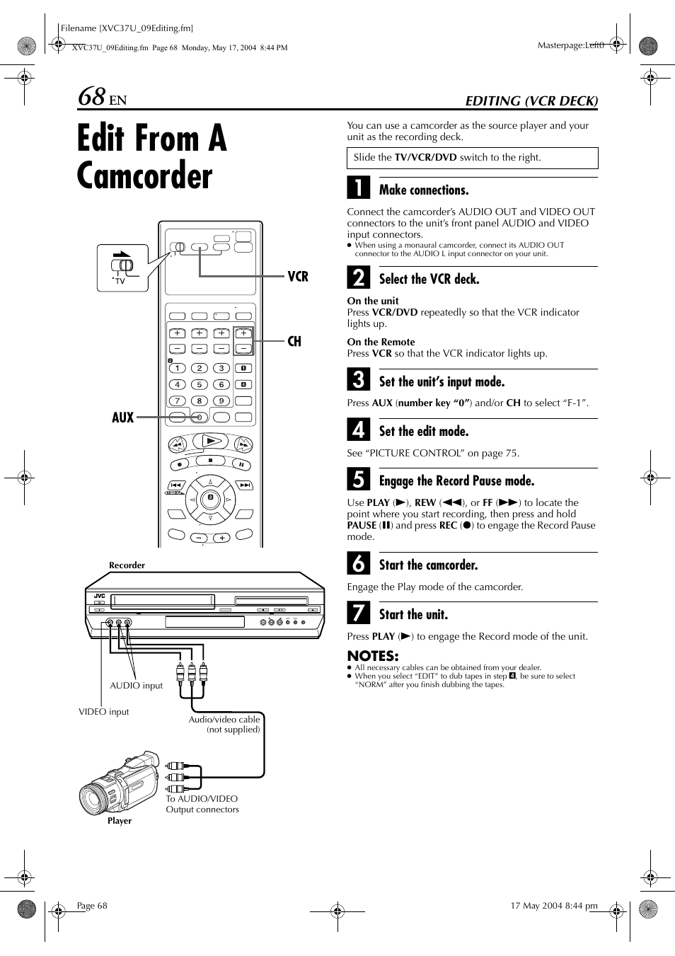 Edit from a camcorder | JVC HR-XVC37U User Manual | Page 68 / 92