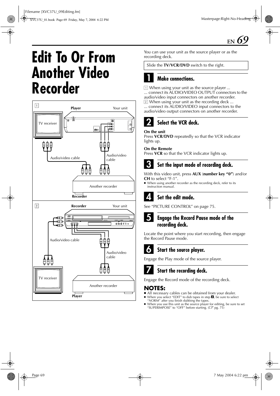 Edit to or from another video recorder | JVC HR-XVC37U User Manual | Page 69 / 92