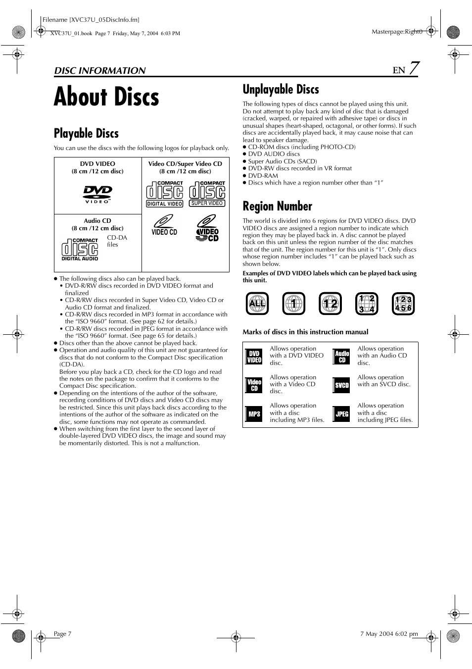 Disc information, About discs, Playable discs | Unplayable discs, Region number | JVC HR-XVC37U User Manual | Page 7 / 92