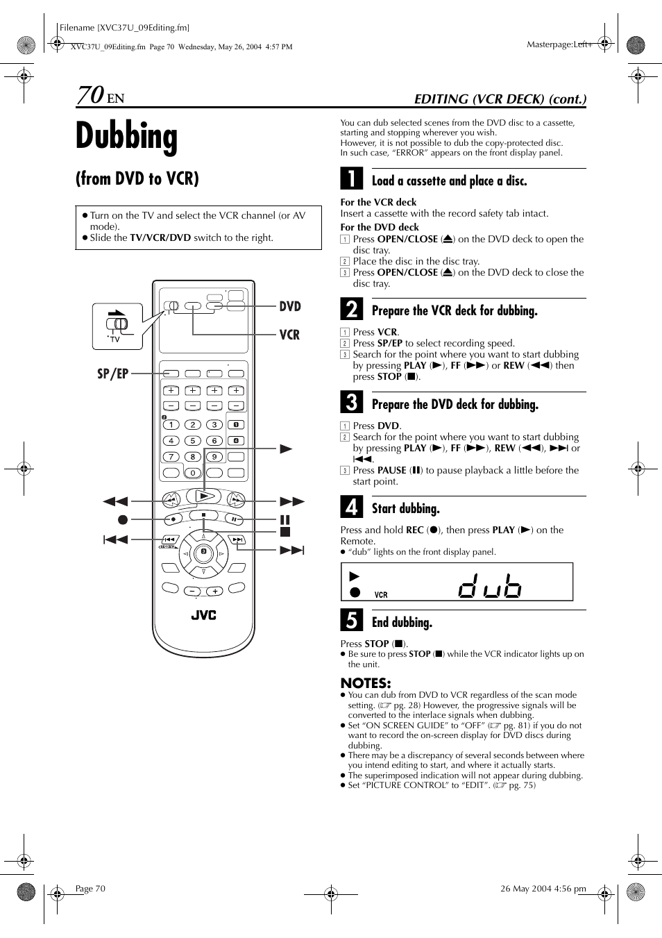 Dubbing | JVC HR-XVC37U User Manual | Page 70 / 92