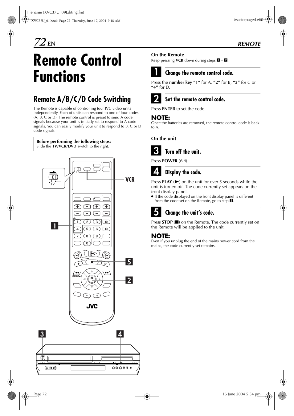 Remote control functions, Remote a/b/c/d code switching | JVC HR-XVC37U User Manual | Page 72 / 92